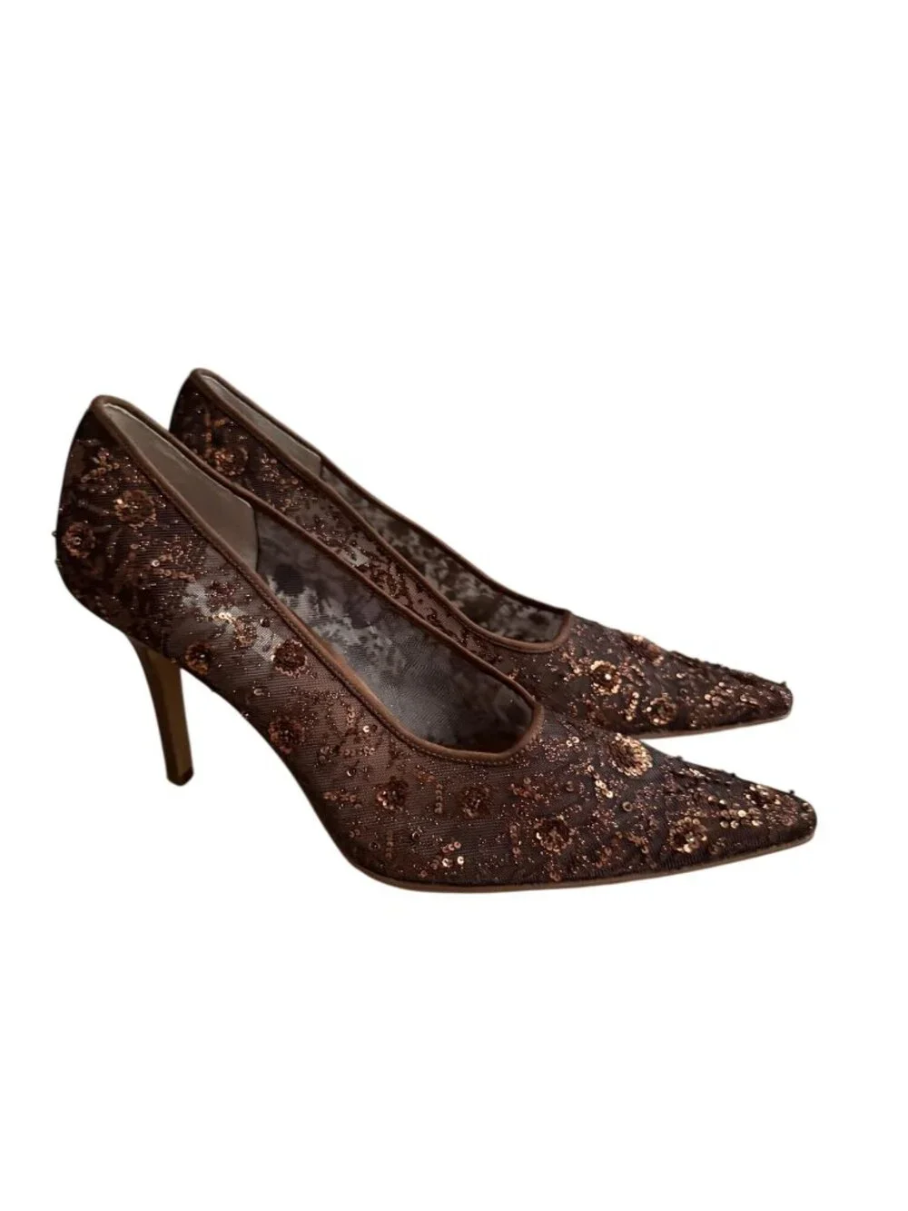 LORD & TAYLOR Brown Embellished Beaded Floral Heels Size 8.5